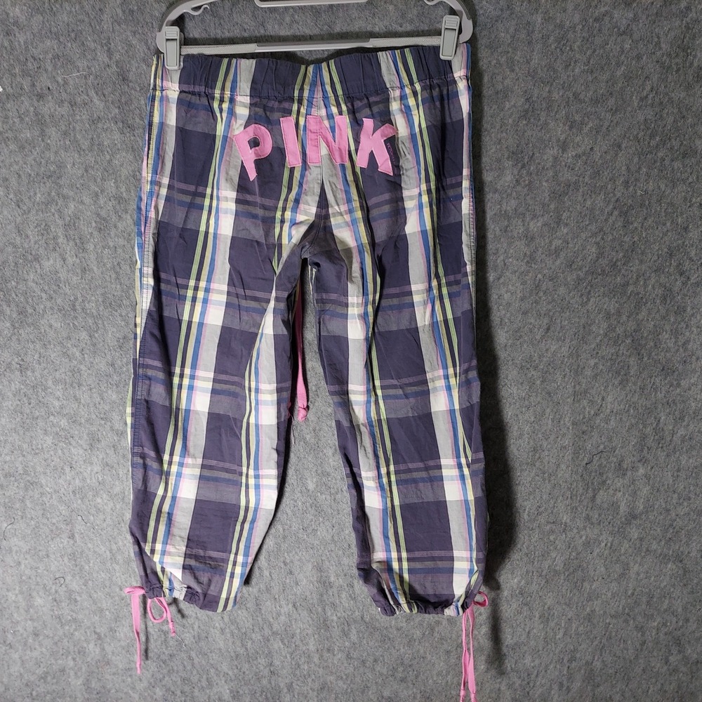 Y2K Victorias Secret Pink Pajama Pants S Plaid Spellout Logo Capri University